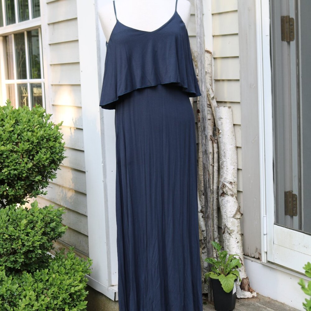 Matty M Navy Blue Overlay Top Low Back Knit Rayon Sleeveless Maxi Dress Sz SMALL